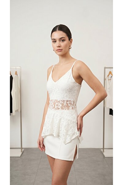 peralist Γυναικεία μακριά δαντελένια μπλούζα με επένδυση από ύφασμα εκρού δαν...