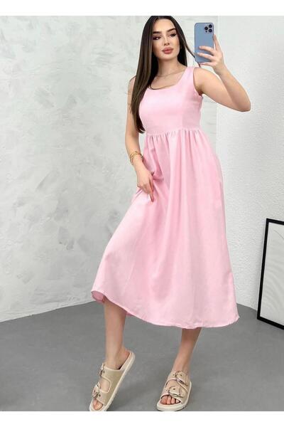 FEMİNEER.com KADIN PEMBE KETEN ELBİSE