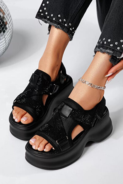 Zaira Γυναικεία μαύρα σανδάλια πλατφόρμας από ύφασμα Edena # 25225 - 39