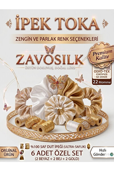 ZAVO Zavosilk 6'lı %100 Saf Dut İpeği Toka Seti - 22 Momme Premium (2 Beyaz, ...