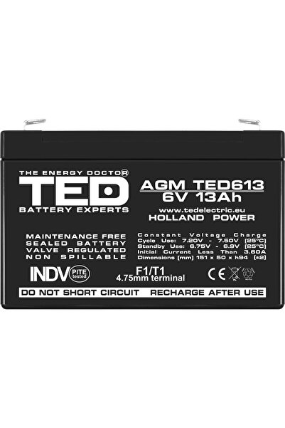 TED Electric Acumulator Stationar AGM VRLA Etans 6V 13A F1 T1, Dimensiuni 151mm x 50mm x h94mm