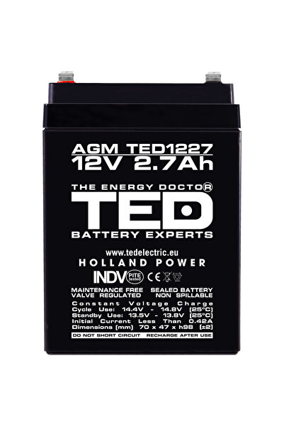 TED Electric Acumulator Stationar AGM VRLA Etans 12V 2.7A F1 T1, Dimensiuni 70mm x 47mm x h98mm