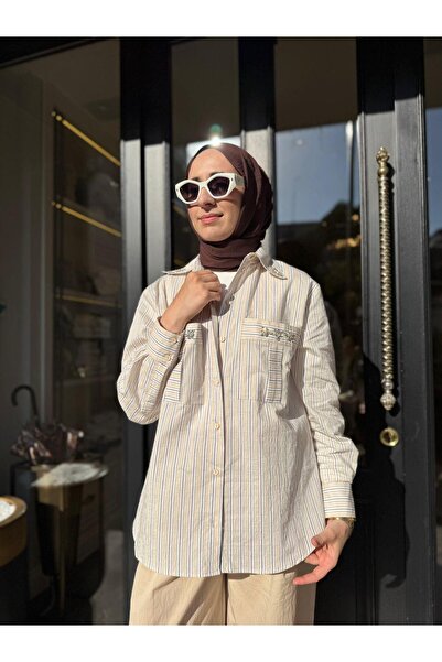 Babil Butik 2601-3039 Taş Detaylı Kadın Gömlek Bej