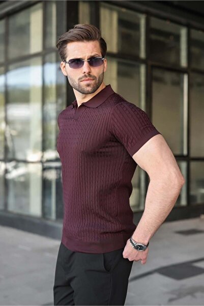 Madmext Ανδρικό πλεκτό μπλουζάκι με λαιμόκοψη πόλο σε στενή γραμμή, χρώμα δαμ...