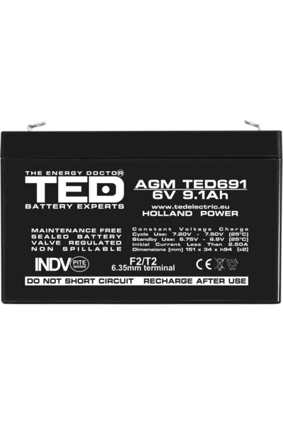 TED Electric Acumulator Stationar AGM VRLA Etans 6V 9.1A F2 T2, Dimensiuni 151mm x 34mm x h94mm