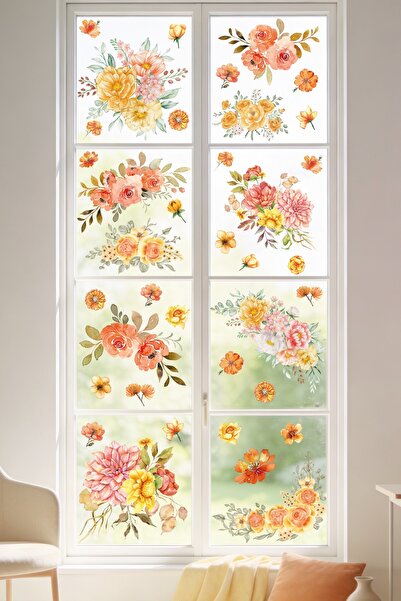 MSticker 52 Parça Bahar Temalı Cam Sticker Seti – Suluboya Floral Çift Taraflı Görünüm, Dekoratif Cam Sticker