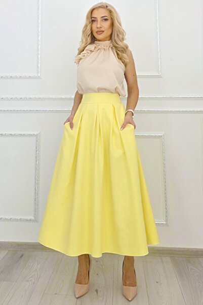 FashionForYou Ματίλντ κίτρινη μακριά φούστα κλος με πολύχρωμα σχέδια, με τσέπ...