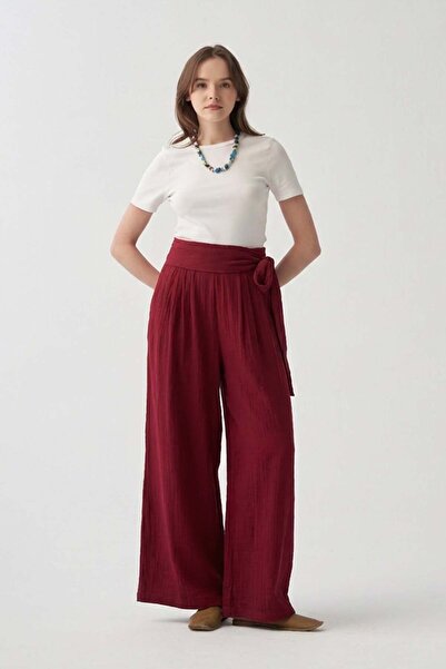 ALLDAY Παντελόνι μουσελίνας με λεπτομέρεια δεσίματος στη μέση σε χρώμα μπορντό