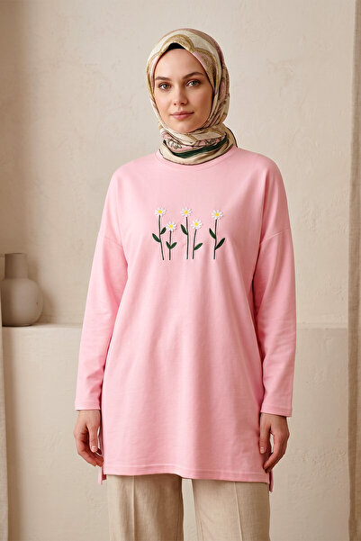 FERHEL Women's Daisy Embroidered Crew Neck Combed Cotton Tunic - Pink