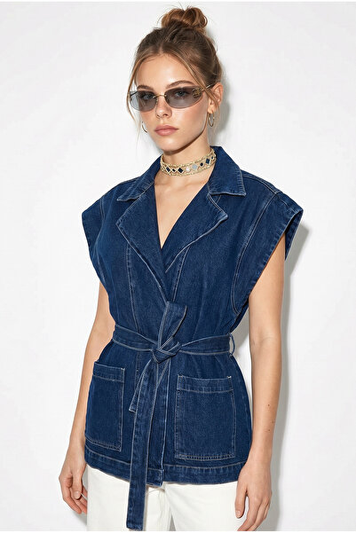 Bianco Lucci Women's Belted Pocketed Double-Breasted Collar Denim Vest 3551 6...