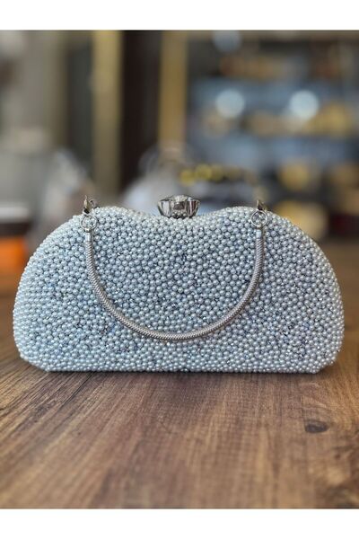 Blacktavern Βραδινό φόρεμα με μεγάλες πέτρες και λάμψη, τσάντα με πέρλες