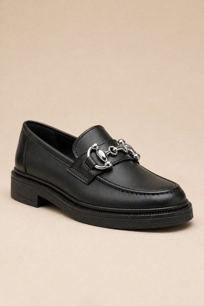 Scarpebutik Loafer cu talpă groasă, ortopedică, neagră, argintie, cu cataramă...
