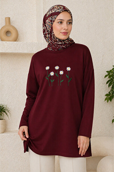 FERHEL تونيك نسائي من القطن الممشط بياقة دائرية وتطريز ديزي - أحمر داكن