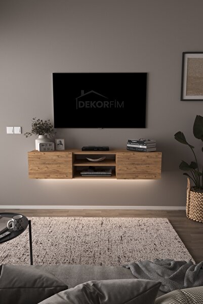 DEKORFİM DF17102 LED Işıklı Duvara Monte Atlantik Çam TV Ünitesi, 2 Kapaklı D...