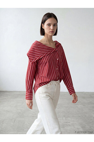 LC Waikiki Red Asymmetrical Collar Striped Women's Shirt