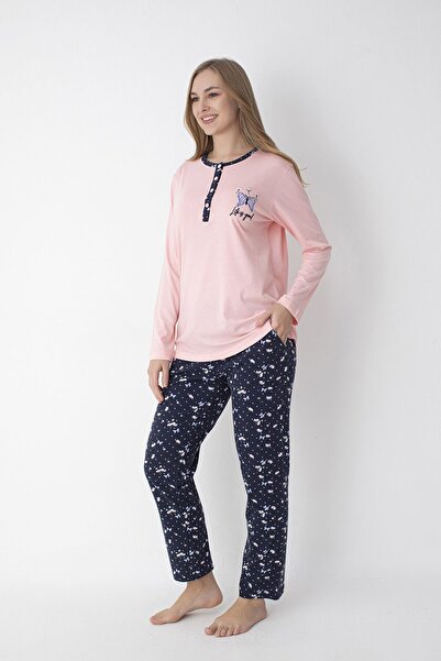 SENFONİ Pembe / Lacivert Uzun Kollu %100 Pamuk Pijama Takımı – Rahat ve Konforlu Ev Giyimi