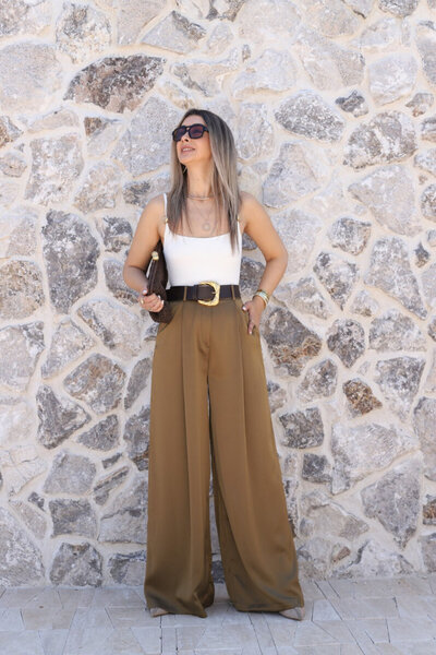 bytugcekaya Olive Gold Belted Satin Trousers