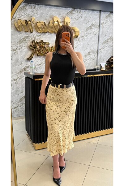 Nisam Belted Small Polka Dot Satin Skirt
