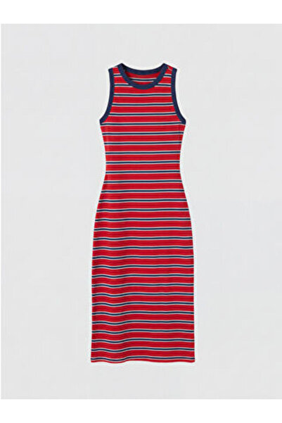 LC Waikiki New Season Red Crew Neck Striped Dress
