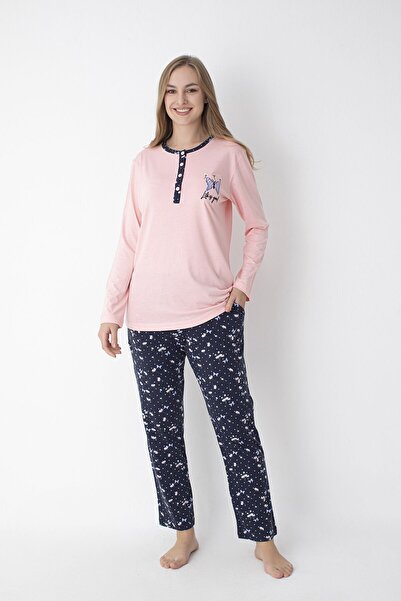 SENFONİ Pembe / Lacivert Uzun Kollu %100 Pamuk Pijama Takımı – Rahat ve Konforlu Ev Giyimi