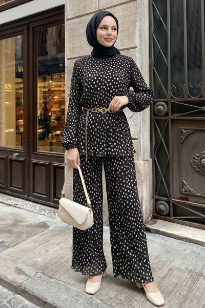 InStyle Σετ με φαρδύ παντελόνι και πουά πλισέ σιφόν σε μαύρο-άσπρο