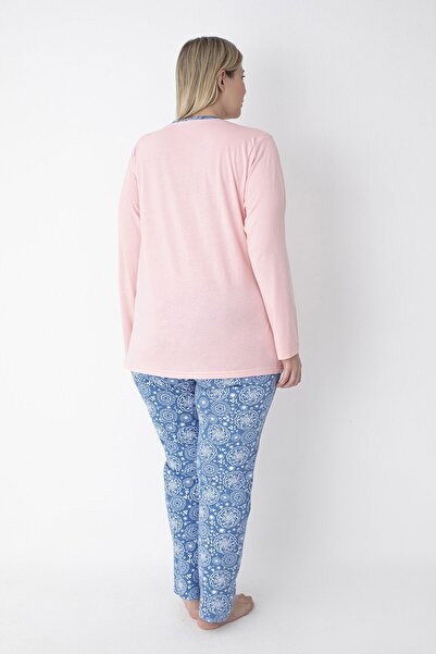 SENFONİ Pembe/Mavi Şal Desen Büyük Beden Pamuklu Pijama Takımı – %100 Pamuk