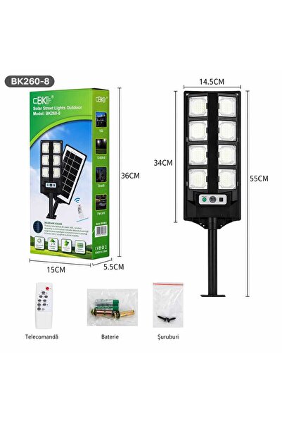 Issa Lampă Solară Stradală BK260-8, 55cm,cu Panou Solar Integrat,8 LED-uri Pu...