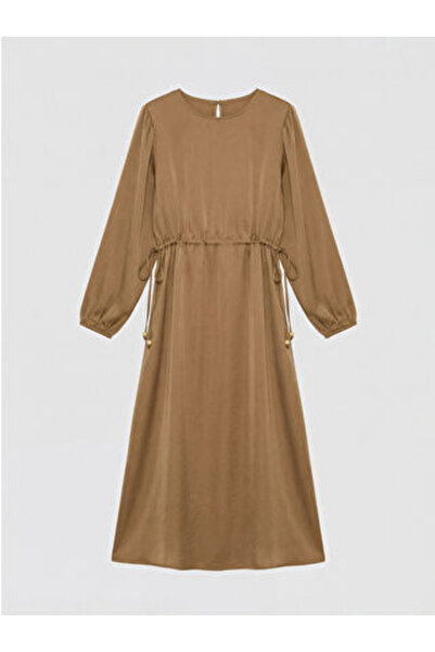 LC Waikiki Beige Crew Neck Waist-Slit Dress