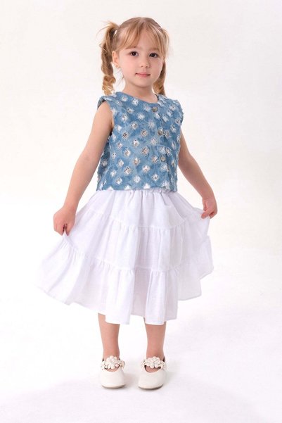 Sweet Luna Denim Brode Jacket Linen Skirt Bottom Top Set