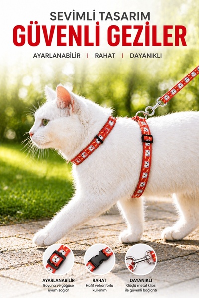 PHENORA Yeni Sezon Kedi Tasması Ayarlanabilir Kedi Gezdirme Tasması 1.20m