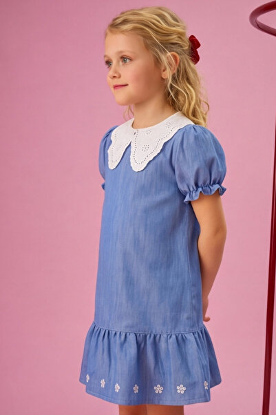 FESSHERA KİDS Κοριτσίστικο φόρεμα από βαμβακερό λινό με δαντελένιο γιακά, κέν...