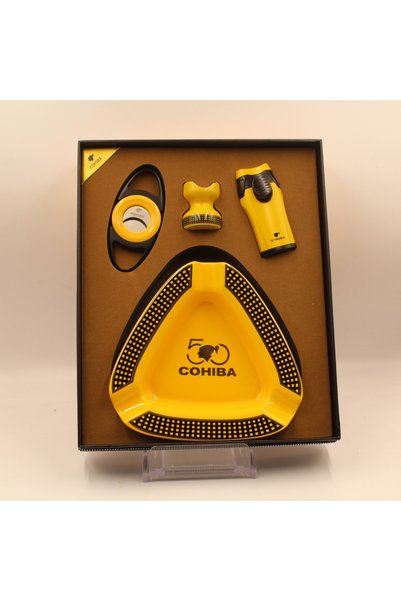 Cohiba Çakmak Kesici Küllük Sehpa Dörtlü Sarı Puro Seti