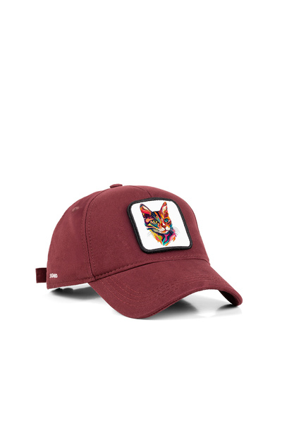 Renkli Kedi Değiştirilebilir Beyaz Patch'li Unisex Bordo Şapka
