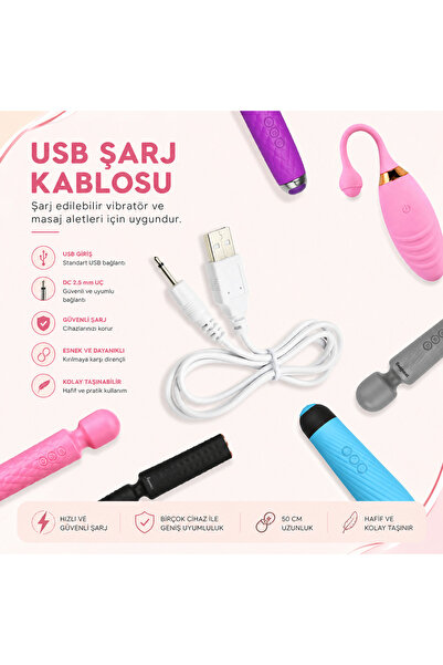 Hazeki USB DC Şarj Kablosu 50 CM 2.5 mm Uyumlu Vibratör Şarj Kablosu