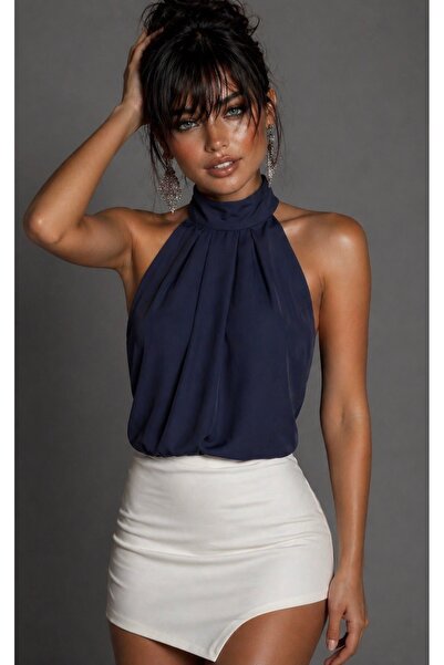 Be Best Γυναικεία μπλούζα σε μπλε ναυτικό χρώμα με γιακά halter μπροστά και π...