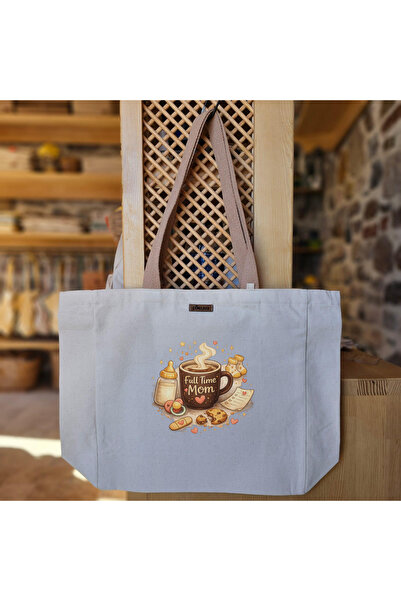 Pikkuva حقيبة قماشية طبيعية مطبوعة باللون البني الداكن من ماركة Mommy Coffee ...