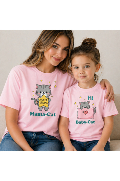 VODEXA Μπλουζάκι Mother Daughter Baby Cat Oversize, Διπλό Μπλουζάκι, 100% Βαμ...