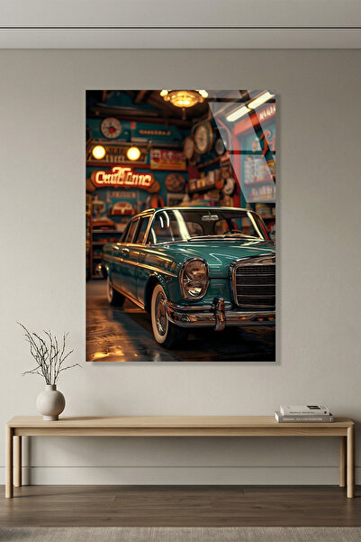 Vitraum Retro Klasik Araba ve Amerikan Garaj Cam Tablo, Ev ve Ofis UV Baskılı...