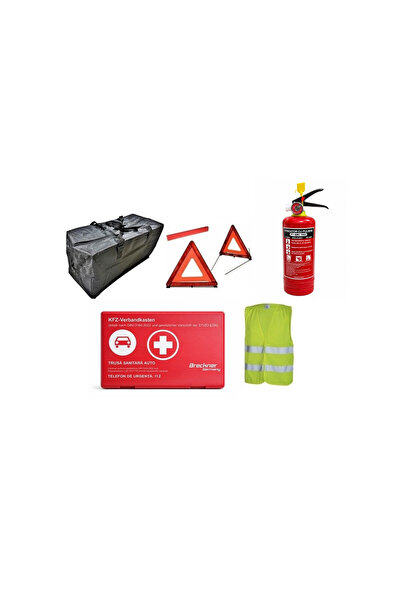BREKNER Kit auto obligatoriu complet 5-în-1, Valabil timp de 5 ani, Trusă de prim ajutor + 2 triunghiuri de avertizare E11 + Vestă reflectorizantă XXL + Extinctor reîncărcabil de 1 kg + Geantă de depozitare