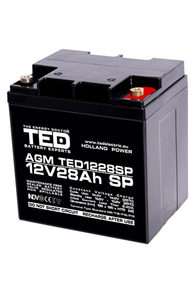 TED Electric Acumulator Stationar AGM VRLA Etans 12V 28A M6, Dimensiuni 165mm...