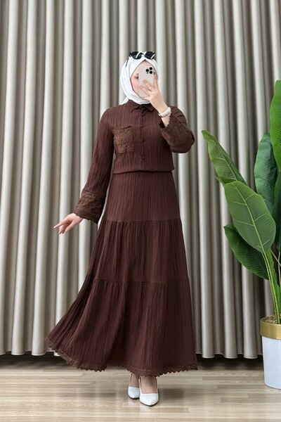 ALYA Yasmin Etekli Takım Maya Kumaş Kadın Kahverengi Kolları ve Cebi Dantel D...