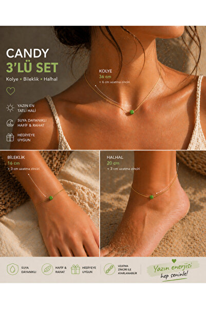 Liora De Mar Candy Premium İnce Çelik Zincir 3’lü Set (Kolye + Bileklik + Hal...