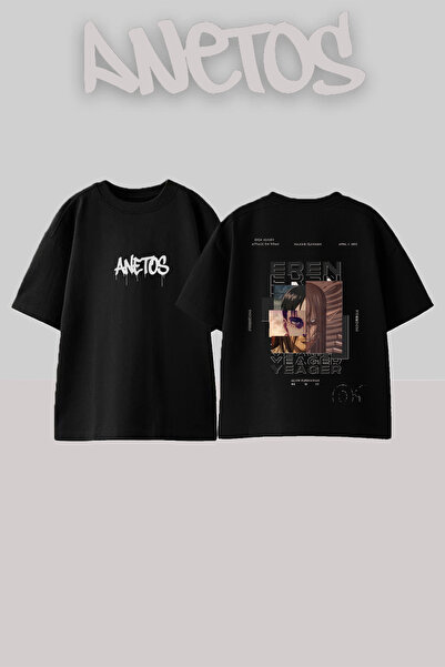 Anetos Μπλουζάκι Eren Yeager με στάμπα στην πλάτη, βαμβακερό, μαύρο, oversized