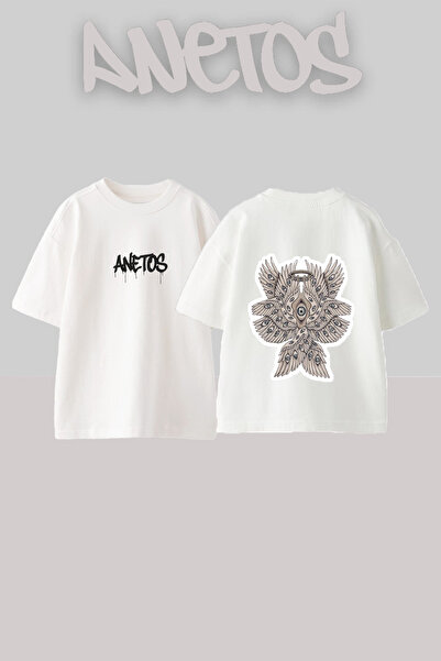 Anetos Tricou oversize alb din bumbac cu imprimeu pe spate cu design Winged Eye