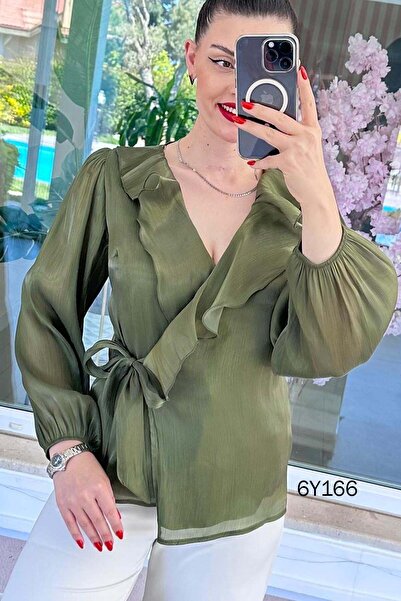 İnce Topuk Διπλόστρωτη μπλούζα οργάντζα με γιακά και βολάν 6y166
