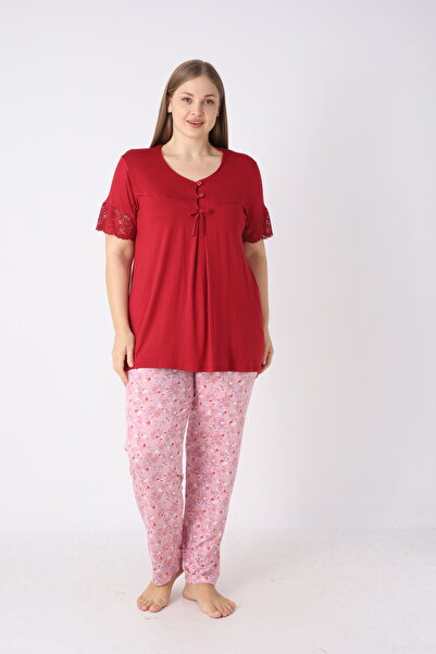 JENİKA Σετ πιτζάμες μεγάλου μεγέθους με στρογγυλή λαιμόκοψη από βισκόζη, δαντ...