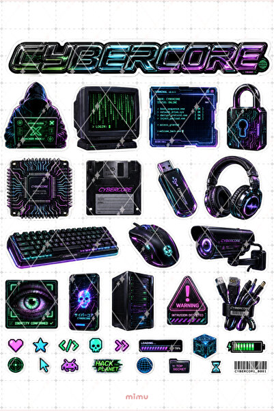 Mimu Art Studio Cybercore Sticker Seti Siyah Neon Hacker Teknoloji Estetiği 2...