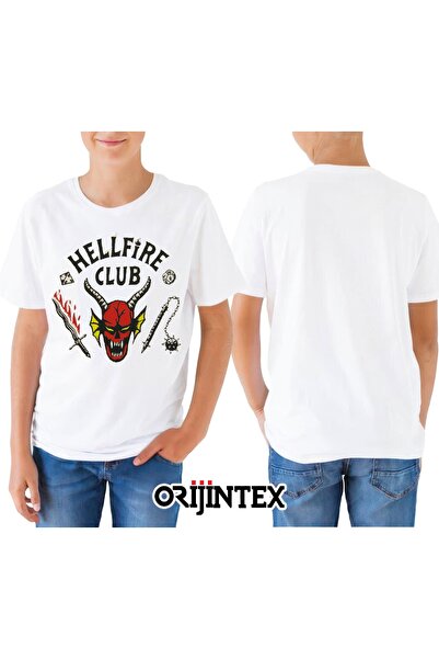 orijintex Stranger Things Hellfire Club Baskılı Beyaz Çocuk Tshirt