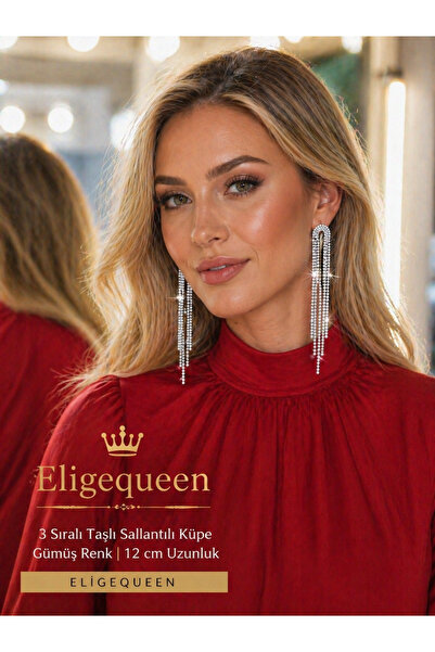 ELİGEQUEEN زوج واحد من الأقراط المتدلية ذات اللون الفضي بثلاثة صفوف من الأحجا...