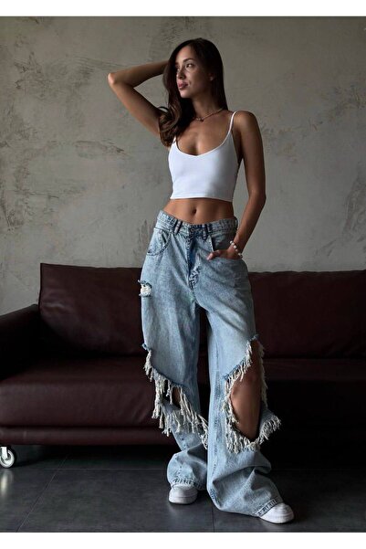 DENİKK Trend Special Design Wide Leg Jean Ripped Detail Pants-Custom Design W...